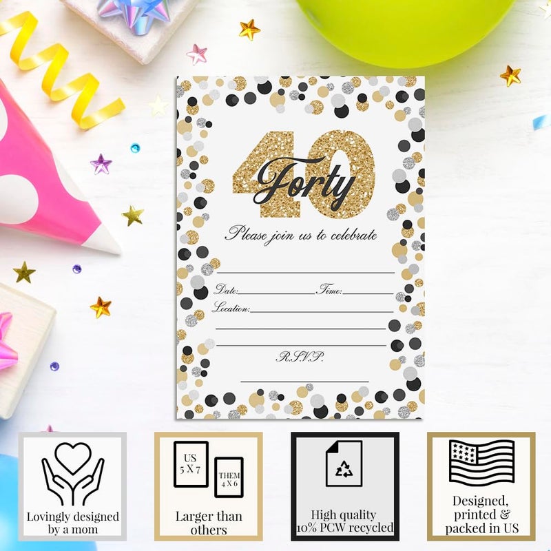 Amanda Creation Confetti Polka Dot 40th Birthday Party Invitations, 20 5x7 Fill In Cards with Twenty White Envelopes by AmandaCreation - Image 3